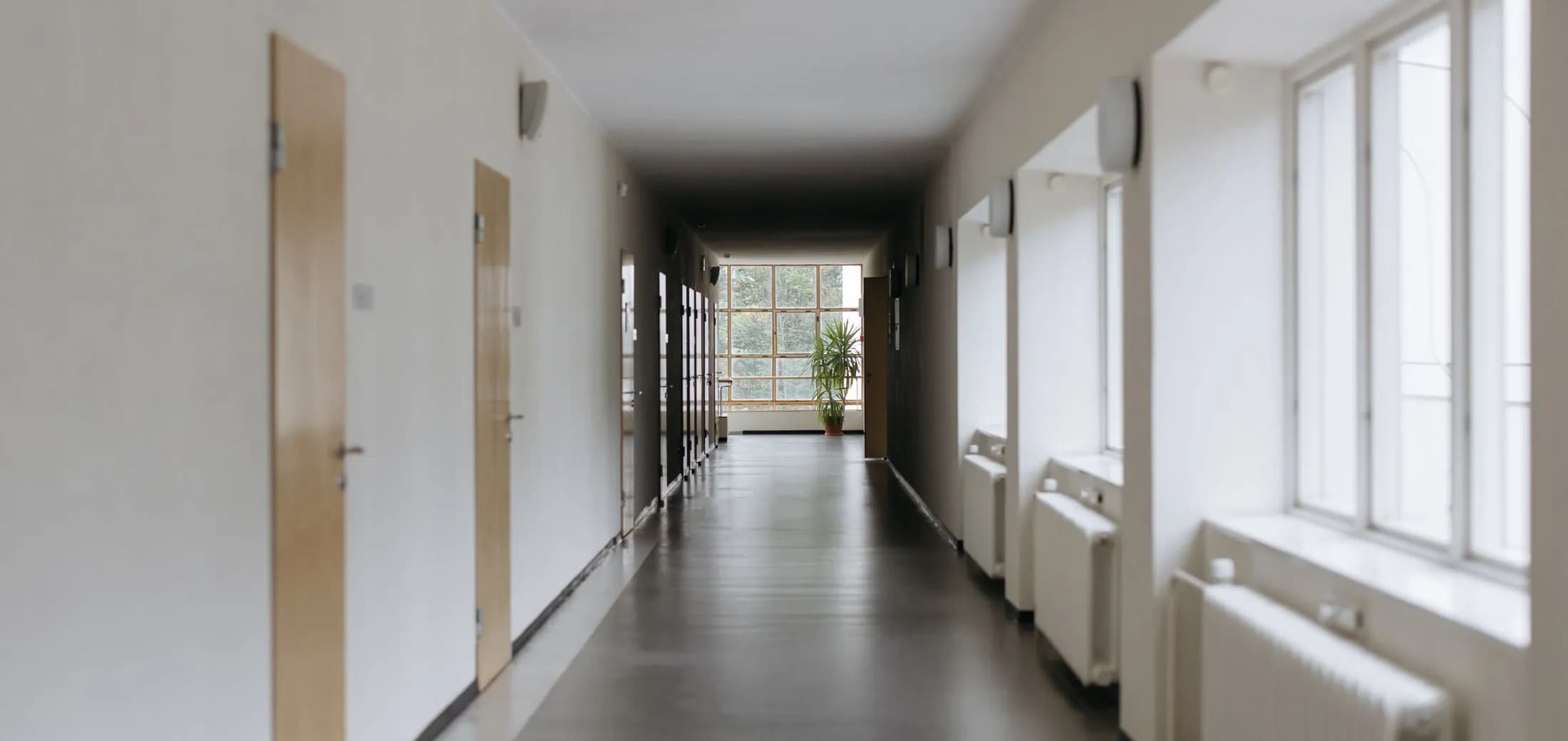 En tom skolegang med døre langs den ene side og vinduer langs den anden, dagslys for enden